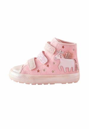 Pink high-top sneaker made of soft material, featuring three Velcro straps, star patterns, and a unicorn appliqué with a textured mane.