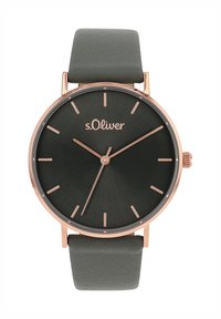 Runde Uhr mit schwarzem strukturiertem Zifferblatt, rosefarbenen Zeigern und Akzenten, grauem Lederarmband, minimalistischen Indexmarkierungen und sichtbar eingraviertem Markenlogo.