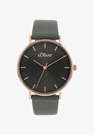 Ronde watch met een zwart textuur uurwerk, roségouden wijzers en accenten, grijze leren band, minimalistische indexmarkeringen en zichtbaar merklogo.