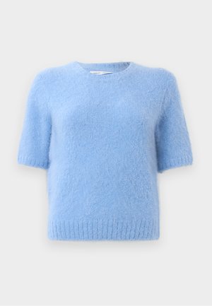 Light blue short-sleeve sweater made from fuzzy material, featuring a round neckline and ribbed hem for a soft texture and relaxed fit.