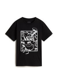 Schwarzes Baumwoll-T-Shirt mit einem weißen Grafikdesign von Dinosaurierskeletten, mit "VANS" in fettem Text und einer dazugehörigen Skateboard-Grafik.