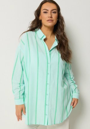 Kvinde med langt brunt hår iført en løs, lyseblå turkis knap-op skjorte med lodrette grønne striber, stående mod en ensfarvet baggrund.