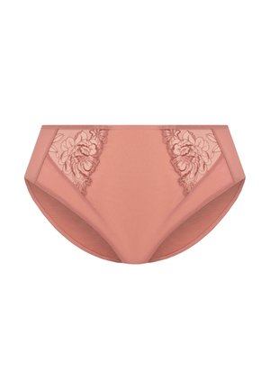 Braguitas de talle alto en color rosa, hechas de una tela suave, con detalles de encaje floral en los lados y un acabado suave.