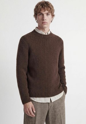 Ung mand med krøllet hår iført en brun strikket sweater over en stribet skjorte og beige bukser, stående mod en ensfarvet hvid baggrund.