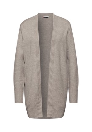 Lysegrå lang cardigan lavet af blødt strikstof, med åben front, ribbede mansjetter og en afslappet silhuet.