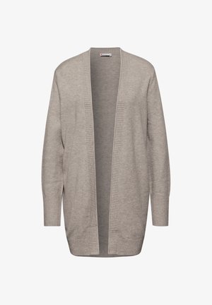 Světle šedý dlouhý kardigan vyrobený z měkké pleteniny, který má otevřený přední díl, žebrované manžety a uvolněný střih.