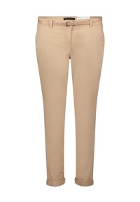 Pantalon en coton beige à coupe droite, revers roulés et ceinture assortie. Doté de poches avant et d'une finition lisse.