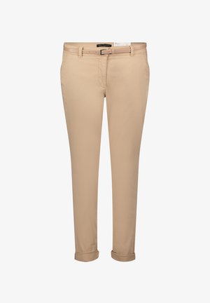 Beżowe bawełniane spodnie o prostym kroju, ze zrolowanymi mankietami i pasującym paskiem. Posiadają przednie kieszenie i gładkie wykończenie.