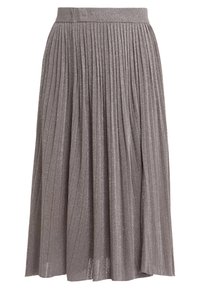 Plisserad midikjol i metallisk taupe. Har en bred elastisk midja och en svängig silhuett, tillverkad av glittrande texturerat tyg.