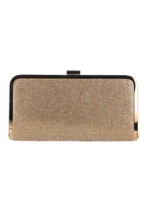 Gouden rechthoekige avondclutch versierd met kleine glinsterende strassteentjes en een metalen frame met een bovenste sluiting.