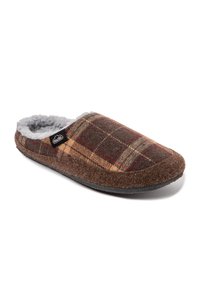 Zapatilla de cuadros marrones con un suave forro gris, un upper de textil blando y una suela de goma negra resistente para uso en interiores.