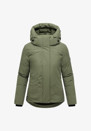Olivno zelena puhla jakna z visokim ovratnikom, nastavljivo kapuco in črnimi manšetami. Gladka tekstura, zadrga in daljši zadnji del.
