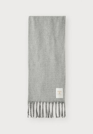 Gray wool scarf featuring fringe edges and a small branded label. Soft texture with a smooth finish, ideal for warmth and comfort.