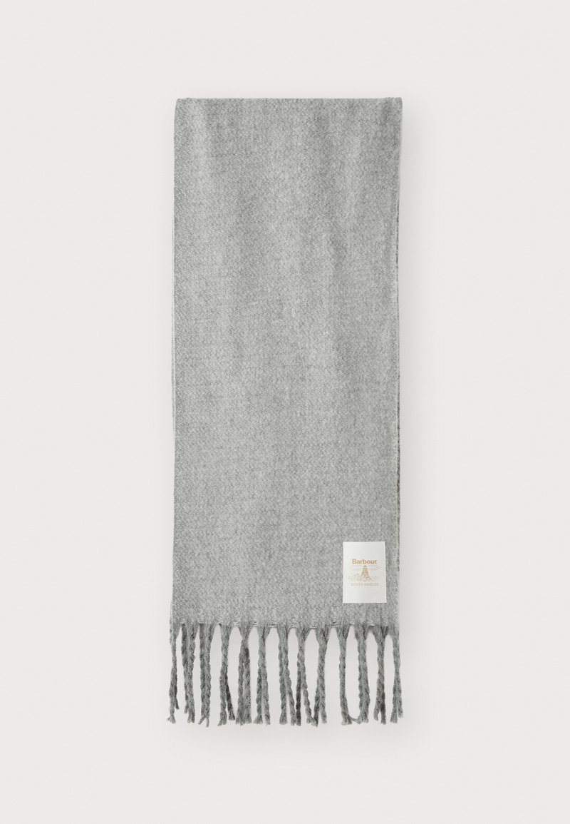 Cachecol de lã cinza com franjas nas bordas e um pequeno rótulo da marca. Textura suave com um acabamento liso, ideal para calor e conforto.