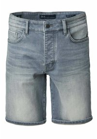 Pantalones cortos de mezclilla de color azul claro con un ajuste regular, que cuentan con dos bolsillos frontales, un cierre de botón y un dobladillo vuelta en las piernas.