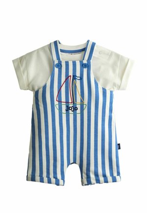 Blå og hvide stribede overalls med korte ærmer, med bådbroderi og knapper på stropperne. Blødt bomuldstof.