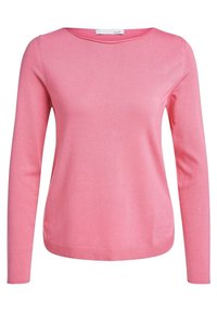 Roze lange mouwen sweater gemaakt van zacht materiaal, met een ronde halslijn en ribbelrand, gladde textuur met minimale stikseldetails.