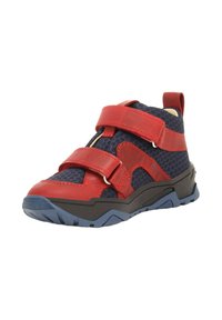 Scarpe alte rosse e blu navy con due cinturini in velcro, tessuto testurizzato e suola in gomma con dettagli blu e caviglia imbottita.