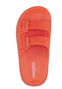 Orange Rutsch-Sandale mit doppelt verstellbaren Riemen, strukturierten Oberflächen und Logo. Hergestellt aus leichtem Material und mit einem konturierten Fußbett.