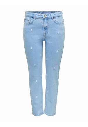 Jean en denim bleu clair avec petites zones usées, design à cinq poches, fermeture par bouton et coupe droite.