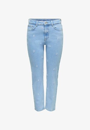 Jean en denim bleu clair avec petites zones usées, design à cinq poches, fermeture par bouton et coupe droite.