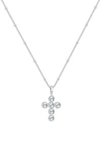 Silberne Halskette mit einem Kreuzanhänger, der fünf klare, runde Edelsteine enthält. Die Kette hat ein zartes, strukturiertes Design mit kleinen Perlenakzenten.