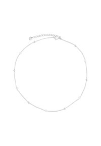 Bracciale in argento con piccole perle bianche e accenti a sfera, progettato con un delicato motivo a catena e un gancio a moschettone.