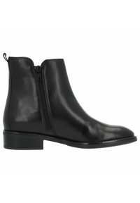 Botín negro de tobillo hecho de cuero suave, con cremallera lateral, tacón plano y punta redondeada. Diseño minimalista sin adornos adicionales.