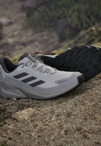 Grijze Gore-Tex wandelschoenen met zwarte accenten, voorzien van een drie-strepen ontwerp, een gestructureerd oppervlak en een robuuste buitenzool voor grip.
