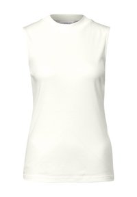 Top blanco sin mangas con cuello redondo. Hecho de una tela suave y ligera. Presenta un diseño ajustado sin patrones o detalles visibles.