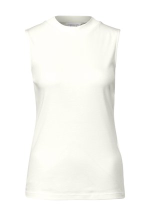Hvid ærmeløs top med rund halsudskæring. Lavet af glat, letvægtsstof. Har et tætsiddende design uden synlige mønstre eller accenter.