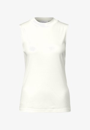 Hvid ærmeløs top med rund halsudskæring. Lavet af glat, letvægtsstof. Har et tætsiddende design uden synlige mønstre eller accenter.