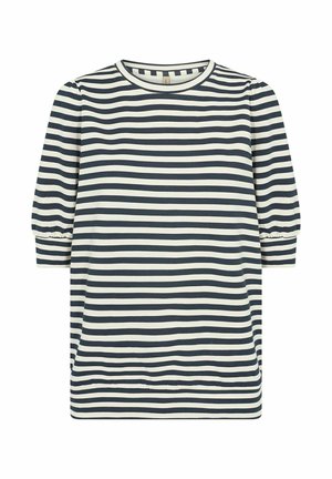 Raitapaita-mekko tummansinisessä ja vaaleassa kermanvärisessä, jossa on 3/4-hihat, pyöreä pääntie ja rento leikkaus sivuhaalareilla.