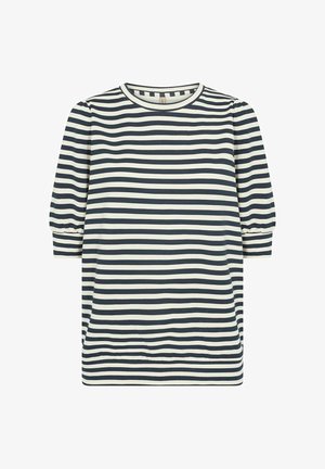 Rochie din tricou cu dungi în nuanțe de albastru marin și crem, cu mâneci 3/4, decolteu rotund și o croială lejeră, având slituri laterale.