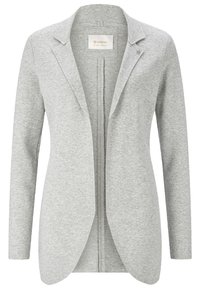 Lichtgrijze blazer met open voorkant, lange mouwen, klassiek revers en een kleine decoratieve speld op het linker revers.