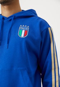 Μπλε φούτερ με μπροστινή τσέπη, χρυσές ρίγες στα μανίκια και κεντημένο έμβλημα Ιταλίας που απεικονίζει μια πράσινη, λευκή και κόκκινη ασπίδα.