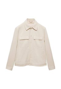 Light beige jacket made from smooth fabric featuring a collared neck, button front, two chest pockets, and side pockets. Classic design.