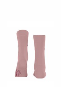 Calze di cotone rosa con polsini a coste, caratterizzate da una consistenza liscia e con un marchio stampato in rosa scuro sulle suole.
