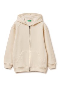 Felpa con zip di colore beige chiaro realizzata in un tessuto morbido. Presenta un grande cappuccio, due tasche frontali, polsini a coste e una zip liscia.