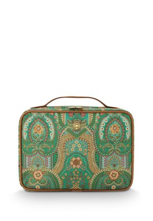 Rectangular green handbag with intricate floral and paisley patterns in orange, yellow, and brown, featuring a top handle and gold clasp.