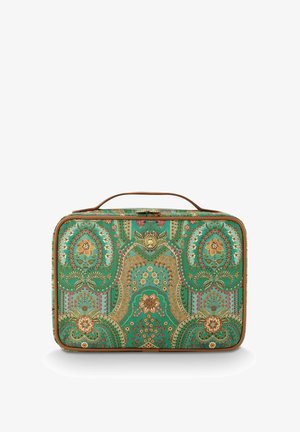Rectangular green handbag with intricate floral and paisley patterns in orange, yellow, and brown, featuring a top handle and gold clasp.