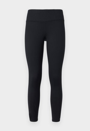 Black leggings featuring a high waistband, smooth texture, and stretchy material; fitted design with no visible patterns or accents.