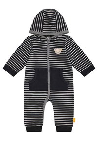 Gestreifter Kapuzen-Overall in Marineblau und Weiß, mit einem Bärenpatch, zwei Fronttaschen und gerippten Bündchen für eine bequeme Passform. Aus weichem Baumwollmaterial.