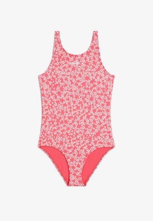 Bañador de una sola pieza en rosa brillante con pequeño patrón floral blanco, escote redondo y tirantes anchos. Tejido suave y elástico.