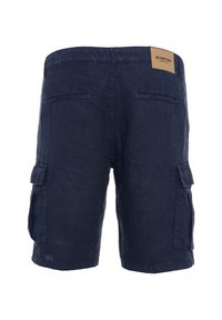 Pantaloni cargo in lino blu navy con una finitura testurizzata, tasche laterali e un'etichetta in pelle in vita.
