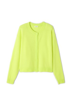 Neon yellow, cropped cardigan made of soft knit fabric. Features a round neckline and six front buttons down the center.