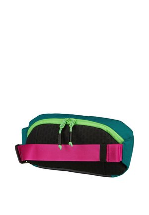 Compact teal and black waist bag with green zipper and bright pink adjustable strap, displayed on a white background.