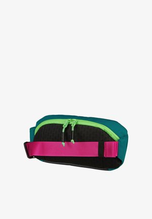 Compact teal and black waist bag with green zipper and bright pink adjustable strap, displayed on a white background.
