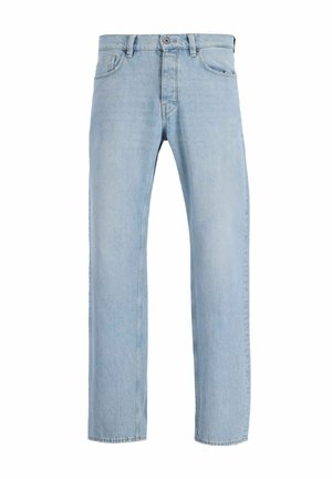 Jeans in denim azzurro chiaro con design a gamba dritta, stile a cinque tasche e cuciture a contrasto. Presentano un'apertura con bottone e passanti per la cintura.