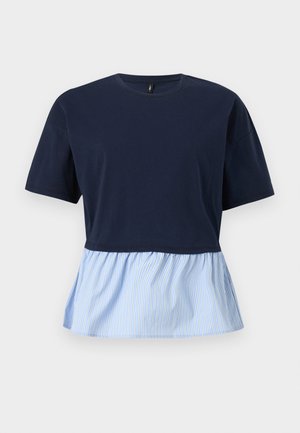 Navy blue short-sleeve top with round neck and attached light blue and white vertical striped peplum hem.